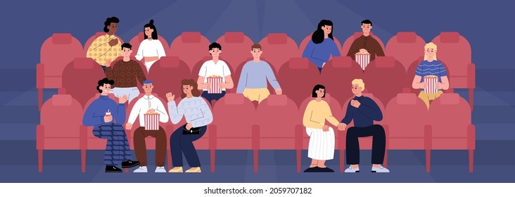 People sitting in red seats at movie theater or cinema auditorium. Teenagers, women and men, couple and friends watching film or motion picture. Flat cartoon vector illustration.