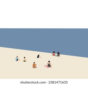 Gente sentada y relajada en la playa de arena blanca durante las vacaciones. Concepto de ocio de viajes. Antecedentes panorámicos del océano azul.