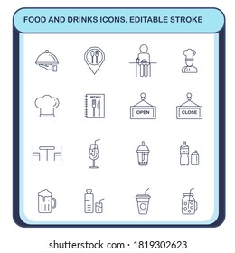 People sitting in restaurant eating food.Vector line. Set of food and drink outline icon.Sign and symbols of main course.Editable stroke.Concept simple line vector to use of cafe and canteen.