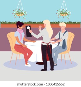 people sitting at the restaurant table, waitress take an order vector illustration design