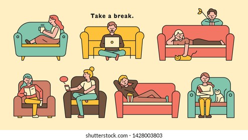 People sitting and resting on the sofa in various positions. flat design style minimal vector illustration