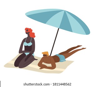 People sitting in shade of umbrella, summertime vacations of couple. Man and woman laying on blanket, sunbathing or tanning characters on resort or by seaside. Girlfriend or boyfriend vector