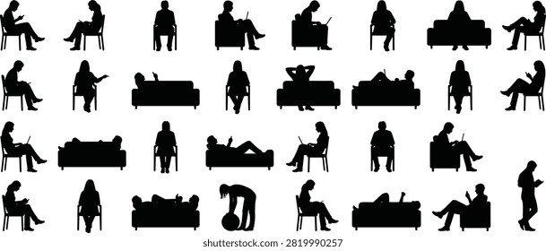 People sitting silhouette collection set, human relaxation and reading poses, lifestyle vector character bundle