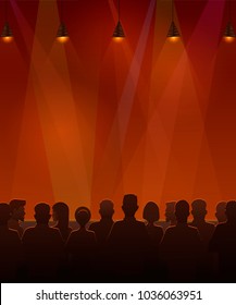 People sitting at the stage. Vector illustration of silhouettes of audience sitting at the stage.