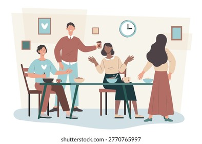People sitting and standing around a dining table sharing food in a flat graphic style on a light indoor background, expressing a concept of community and togetherness. Hand-drawn vector illustration