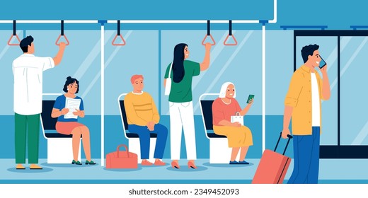 People sitting and standing in bus reading talking on phone flat vector illustration