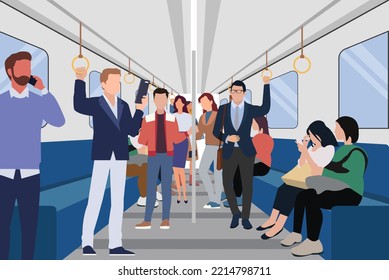people sitting and standing inside a subway car