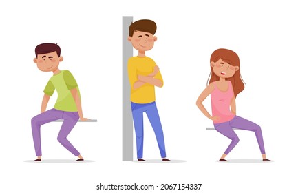 People sitting and standing leaned against the wall set. Cheerful girl and boys characters cartoon vector illustration
