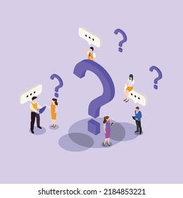 People sitting and standing near question mark while talking to each other