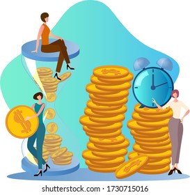 People sitting and standing next to clocks and money. Time management expense planning concept. Flat vector illustration.