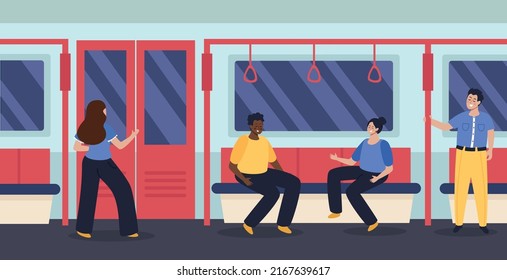 People sitting and standing in subway car flat vector illustration