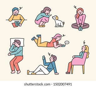 People are sitting and standing in various postures to worry. flat design style minimal vector illustration