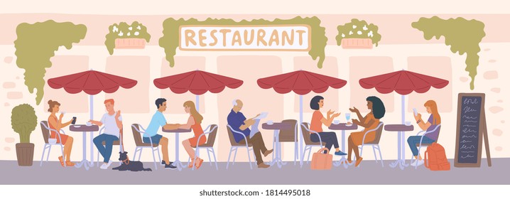 People sitting in street cafe terrace and talking. Cartoon banner of summer restaurant exterior with outdoor seating tables and customers, vector illustration.