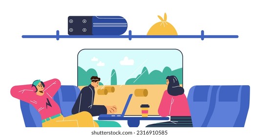 People are sitting in subway train on comfortable chairs, using laptop, listen to headphones and enjoying the view in the window. Vector illustration poster in flat doodle half body design style