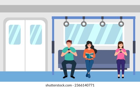 People sitting in subway train with seats and handrails. People using smartphone and reading book in subway train.