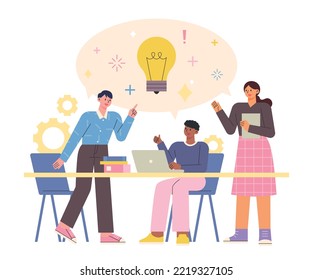 People are sitting at the table, actively discussing opinions and brainstorming. flat vector illustration.