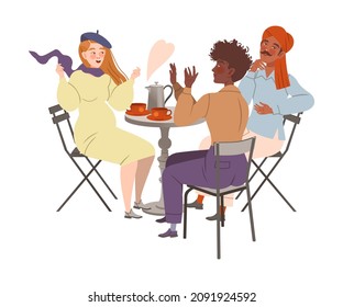 Gente sentada en la mesa en la cafetería o en el restaurante. Amigos hablando, comiendo y bebiendo en una cafetería ilustra un vector
