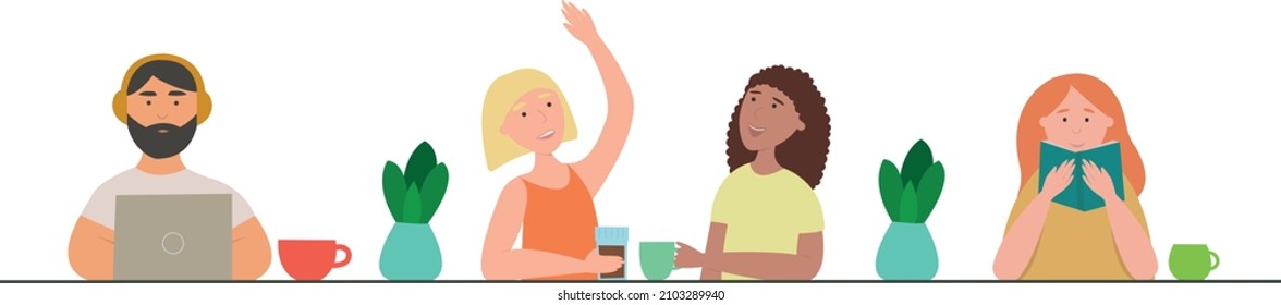 People sitting at the table in cafe. Vector graphic. Lifestyle scene  