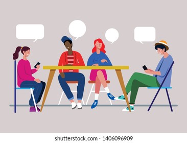 People sitting at table decorated, eating food, drinking wine and talking to each other. Flat cartoon characters. Teamwork, support, startup, data analysis, brainstorming, meeting. Flat design vector 