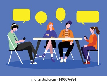 People sitting at table decorated, eating food, drinking wine and talking to each other. Flat cartoon characters. Teamwork, support, startup, data analysis, brainstorming, meeting. Flat design vector 