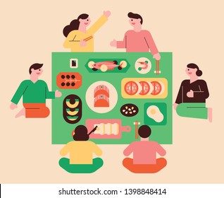 People sitting at a table with delicious food. flat design style minimal vector illustration