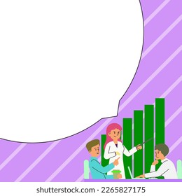 People sitting at table discussing latest news. White dialogue bubble contains important information. Empty big whiteboard for text on bright colored background.