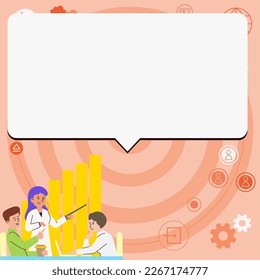 People sitting at table discussing latest news. White dialogue bubble contains important information. Empty big whiteboard for text on bright colored background.