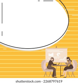 Gente sentada a la mesa discutiendo las últimas noticias. La burbuja del diálogo blanco contiene información importante. Pizarra blanca grande vacía para texto en fondo de color brillante.