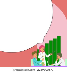 People sitting at table discussing latest news. White dialogue bubble contains important information. Empty big whiteboard for text on bright colored background.