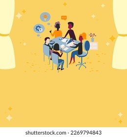 People sitting at table discussing latest news. White dialogue bubble contains important information. Empty big whiteboard for text on bright colored background.