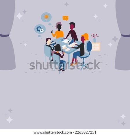 People sitting at table discussing latest news. White dialogue bubble contains important information. Empty big whiteboard for text on bright colored background.