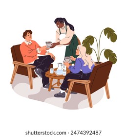 People sitting at the table and drink cup of coffee in cafe. Friends communicate, talk during breakfast in coffeehouse. Happy waiter brings an order to man. Flat isolated vector illustration on white