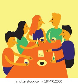 gente sentada en la mesa e ilustraciones para beber 