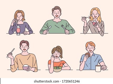 People Are Sitting At The Table And Eating A Variety Of Foods. Flat Design Style Minimal Vector Illustration.