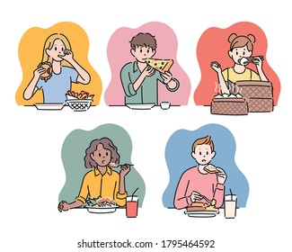 People are sitting at the table and eating a variety of foods. hand drawn style vector design illustrations. 