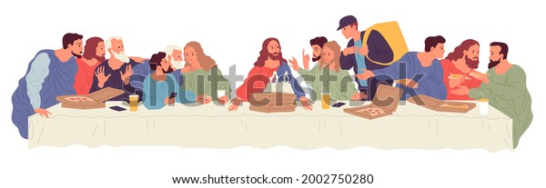 People sitting at table with food delivered by\
courier from food delivery service. Illustration based on Leonardo\
Da Vinci painting The Last\
Supper