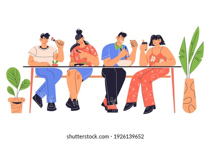 People sitting at table having lunch at restaurant or street food cafe, cartoon flat vector illustration isolated on white background. People eating in fast food cafe.