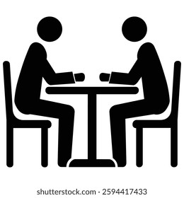 A people sitting at a table, Icon two  people sit at the table on a white background, vector people at a table talking, people working with laptop computer symbol in a glyph pictogram illustration,