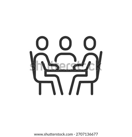 People sitting at table, linear icon. Team meeting and discussion. Line with editable stroke.
