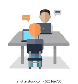People sitting at table, looking at laptops and discussing business issues. Team building concept. Motivational management. Part of series of developing successful leadership in team working. Vector