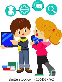People sitting at table or on flash drive study online via Internet with help of female teacher in tablet vector