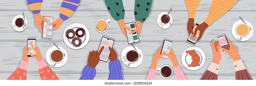 People are sitting at a table opposite each other and looking at their phones. Coffee, croissants and donuts are on the table. The concept of Internet addiction. Vector illustration, top view