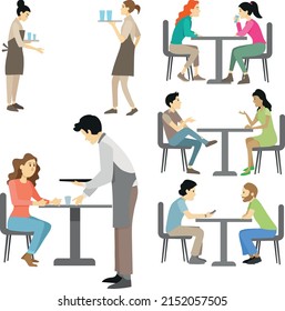 Gente sentada en una mesa en un restaurante o cafetería con camareros y servicio de camareras. Ilustración vectorial. Parejas en la mesa almorzando o cenando