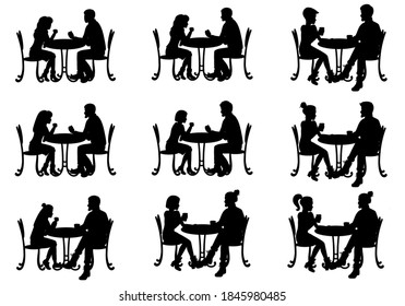 People sitting at the table in a restaurant silhouettes. Man and woman, couple sitting in a cafe or cafeteria set. Vector illustration.