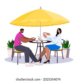 Gente sentada en una mesa en una cafetería o restaurante vectorial ilustración plana. Pareja hablando, comiendo y bebiendo en una cafetería aislada. 