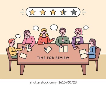 People are sitting at the table and talking. People are discussing to make an assessment. flat design style minimal vector illustration.