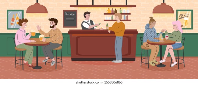 People sitting at the tables in a bar and drinking beer and wine. Women and men talking and smiling in a cafe. Youth having fun together in a pub.Smiling bartender pours drinks.Vector illustration