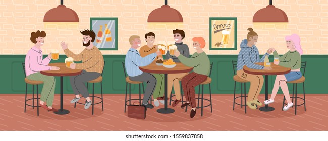 People sitting at the tables in a bar and drinking beer.  Women and men talking and smiling in a cafe. Youth having fun together in a pub. Cartoon flat characters in interior.Vector illustration