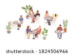 People sitting at tables in cafe or restaurant vector flat illustration. Man, woman and couple talking, eating, drinking and working at cafeteria isolated. Person spending time at public place