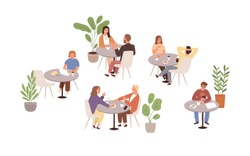 People Sitting At Tables In Cafe Or Restaurant Vector Flat Illustration. Man, Woman And Couple Talking, Eating, Drinking And Working At Cafeteria Isolated. Person Spending Time At Public Place
